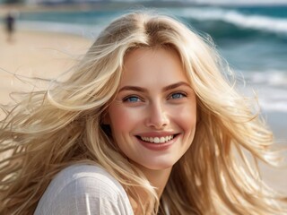 Close-up portrait of a beautiful happy blonde woman with long hair on the seashore. Summer tropical mood.