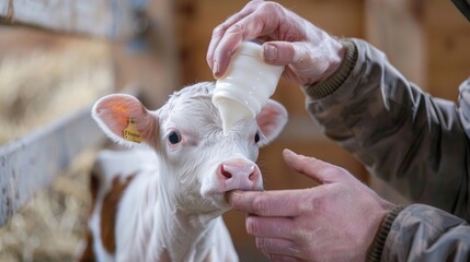 Veterinarian feeds colostrum milk to newborn calf. Cow farm industry concept