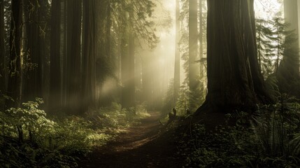 A foggy scene envelops a straight path lined with towering redwood trees