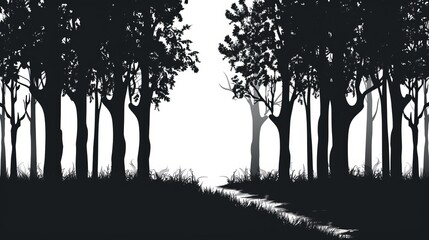 This vector illustration features a landscape of isolated trees within a park or alley, presented as striking silhouettes against a minimalistic background