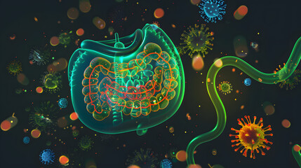 3D representation of the human stomach and leukocytes with bacterial cells illustration. vector idea for healthcare design on a black backdrop.  - obrazy, fototapety, plakaty