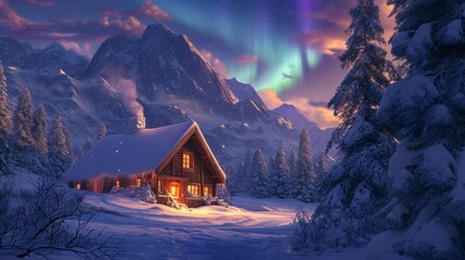 A small house in heavy snow covered field with forest mountain and beautiful aurora northern lights in night sky in winter.