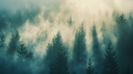 Sunbeams pierce through the fog in a natural forest of spruce trees, creating a mystic and ethereal atmosphere that captivates the senses