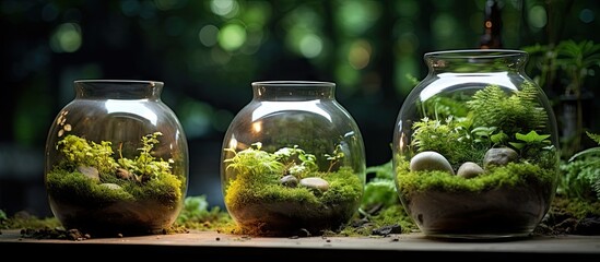 Three glass jars with plants and stones on a table