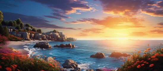 Sunset ocean rocks flowers painting