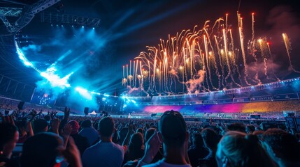 Jubilant crowd witnesses a dazzling fireworks display at an olympic victory ceremony in a stadium