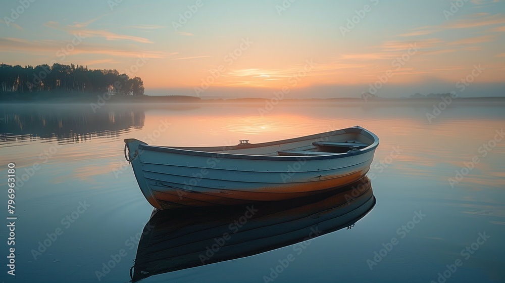 Sticker Serenity in Simplicity: Calm Lake Morning with Fishing Boat, generative ai