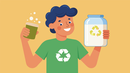 A person holding a glass jar with the text Glass cant be recycled clarifying that glass is actually one of the most easily recycled materials.