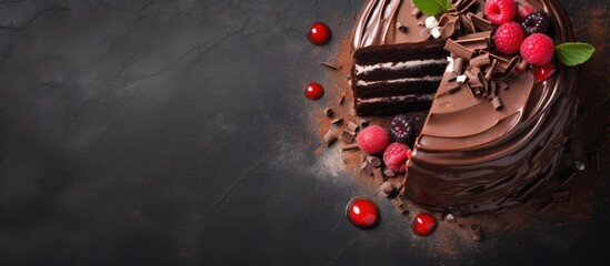 Chocolate cake with raspberry and chocolate frosting on black surface
