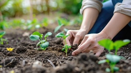 Woman fertilizing soil with growing young sprout outdoors, selective focus