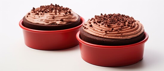 Two crimson cups topped with chocolate frosting