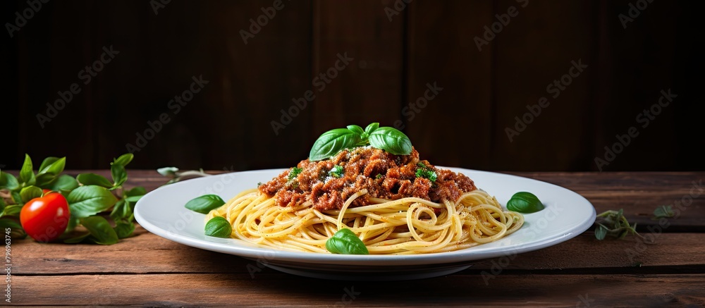 Poster Spaghetti with Beef and Fresh Basil on Wooden Table