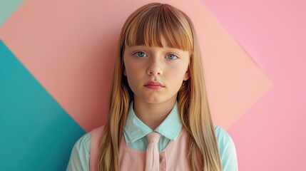 Young pretty girl, schoolgirl, blond hair with bangs hairstyle on pastel background inside educational building.