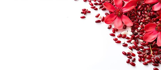 Red flowers scattered on white surface against bright white backdrop