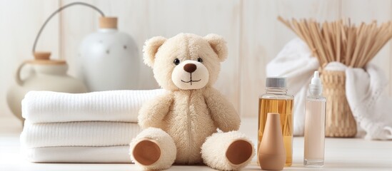 A bottle beside a plush bear