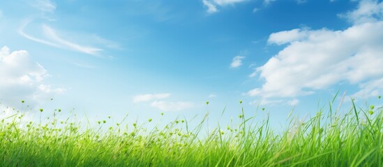 Fototapeta premium Green field with blue sky backdrop