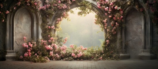 Pink flowers adorn archway in close-up