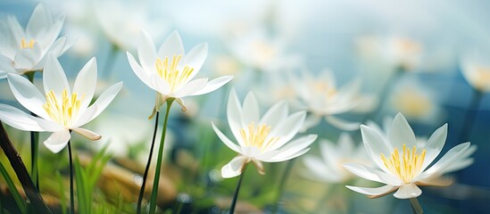 White flowers bloom in grassy field - Powered by Adobe