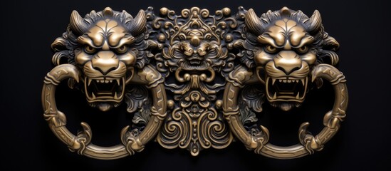 Fototapeta na wymiar Metal door handle featuring twin lion motifs
