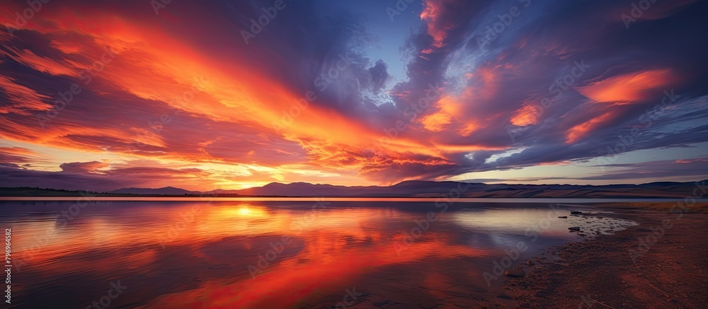 Poster A serene sunset beach with distant mountain