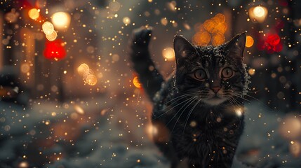 a scene straight out of a holiday movie as a cute cat enjoys the snowy streets of London during Christmas, illuminated by cinematic light that casts a magical glow over the festive atmosphere - obrazy, fototapety, plakaty