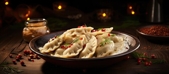 Close-up bowl dumplings sauce pepper