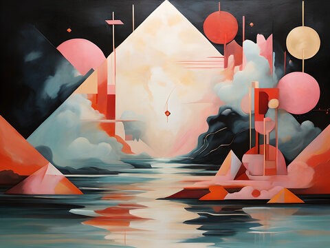 An abstract image representing a dream scene, blending realistic elements with abstract geometric shapes in an enchanting way.