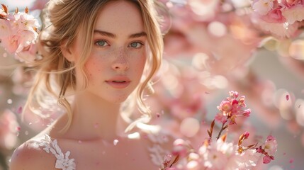 Fototapeta premium Blissful Bride in Cherry Blossom Garden, generative ai