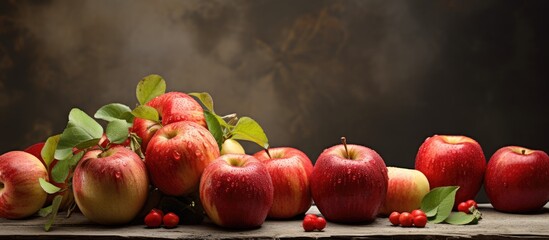 Apples and berries arranged on wooden surface against dark backdrop