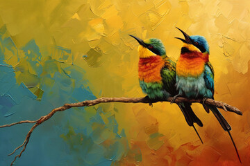 A pair of colorful birds perched on a branch, singing their melodious songs.