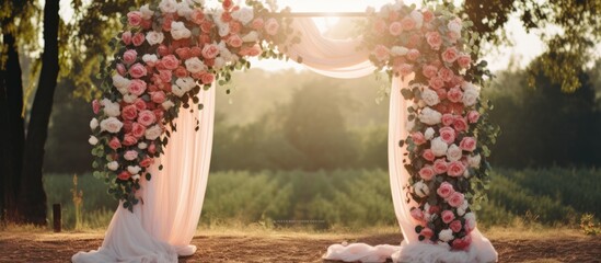 Wedding arch adorned with blooms and white fabric