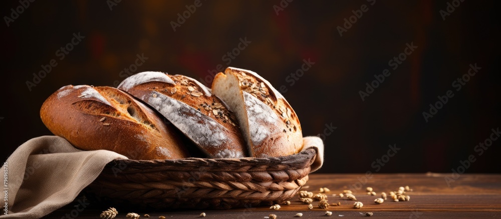 Sticker Basket of bread on wooden table