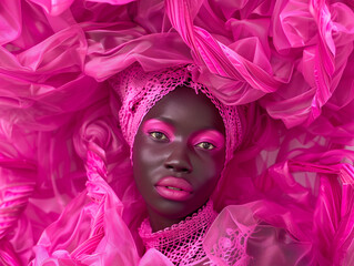 Portrait expressionniste d'une belle femme noire enroulée dans un voile rose fluo et arborant un maquillage rose vif - obrazy, fototapety, plakaty