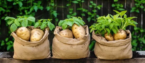 Potatoes sprouting from three sacks