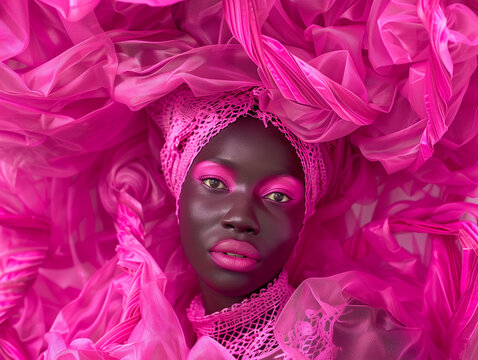 Portrait expressionniste d'une belle femme noire enroul&eacute;e dans un voile rose fluo et arborant un maquillage rose vif