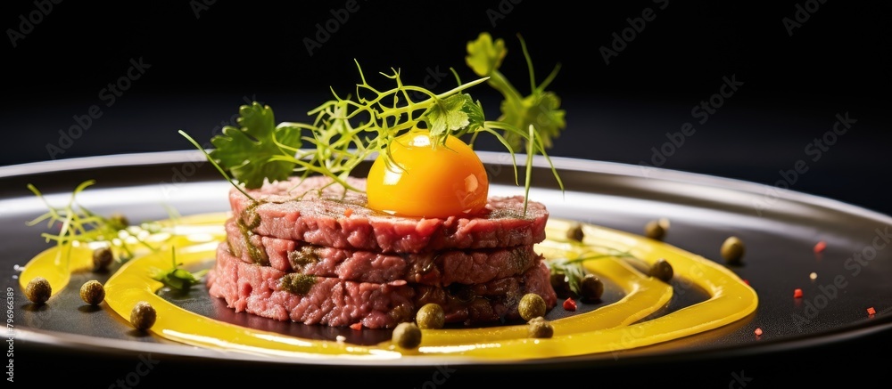 Wall mural Plate of food showcasing meat and egg close up