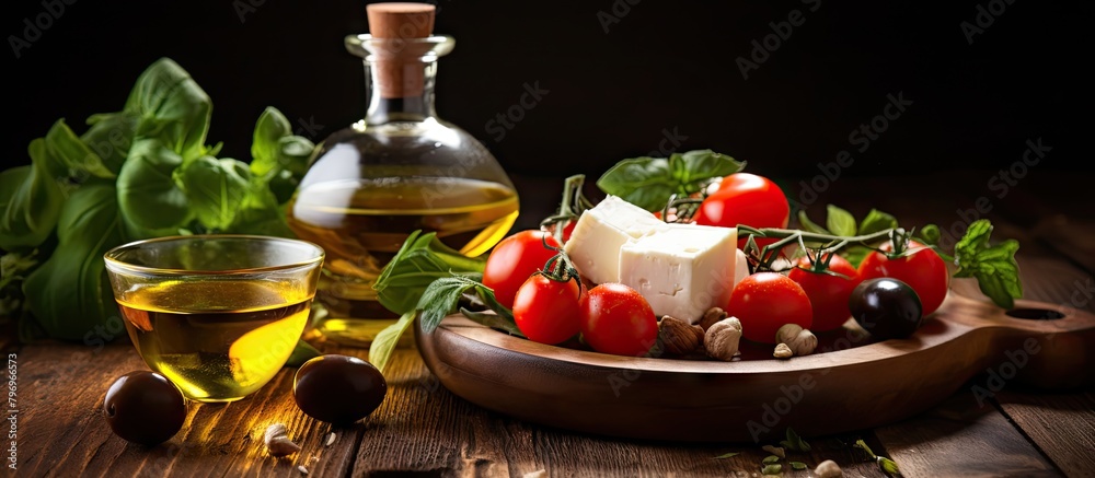 Sticker Plate of food featuring tomatoes, olives, and olive oil bottle