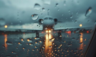 Close-up of airplane window with raindrops, blurred wing in the background. Generate AI