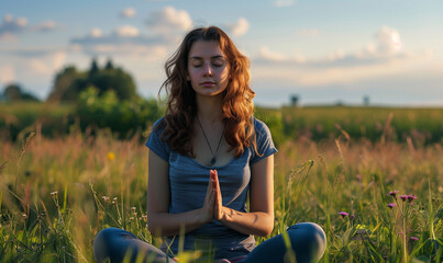 A young woman performs a variety of relaxation techniques outdoors to deal with feelings of anxiety. Her calm breathing and focused posture express her determination to fight anxiety.