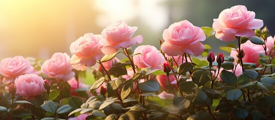Pink roses bloom in garden sunlight