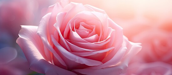 Pink rose in sharp focus against blurred backdrop