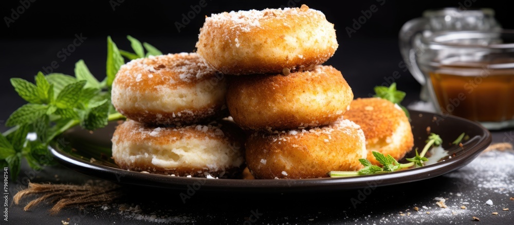 Wall mural Plate of assorted donuts with sugar and mint leaves