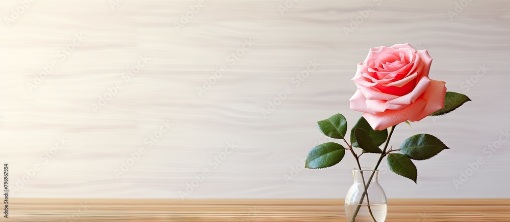 Wall mural Pink flower in glass vase on table