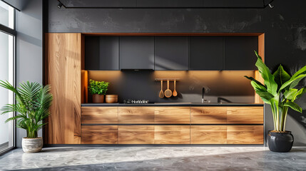 Modern dark kitchen with a black countertop and wooden cabinets. A potted plant is on the counter