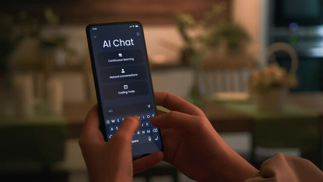 Programmer using AI chat bot for coding. Artificial intelligence writes PHP code and helps human at his work. Fictional Interface.