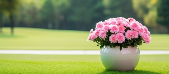 Pink flowers in white vase on grass