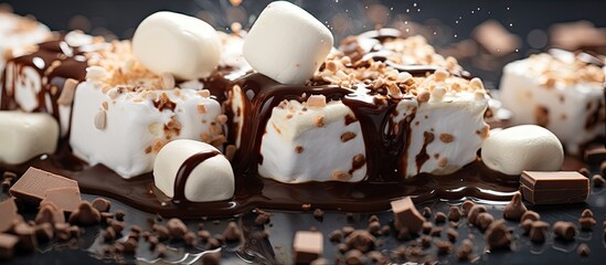 Marshmallows and chocolate drizzle on dessert - obrazy, fototapety, plakaty