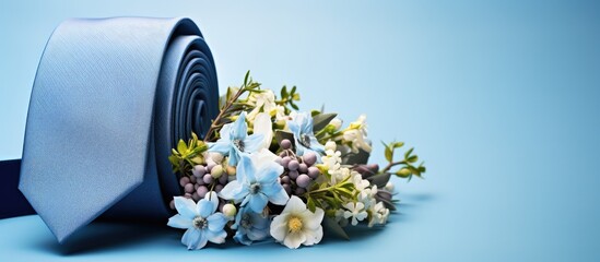 Blue tie and flowers on blue background - obrazy, fototapety, plakaty