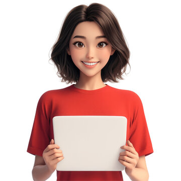 A young Asian cartoon woman sporting a vibrant red t shirt flashes a cheerful smile while proudly displaying a blank screen against a transparent background
