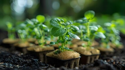 Ecofriendly Gardening with Potted Seedlings in Biodegradable Peat Moss Pots. Concept Eco-Friendly Gardening, Potted Seedlings, Biodegradable Peat Moss Pots - obrazy, fototapety, plakaty